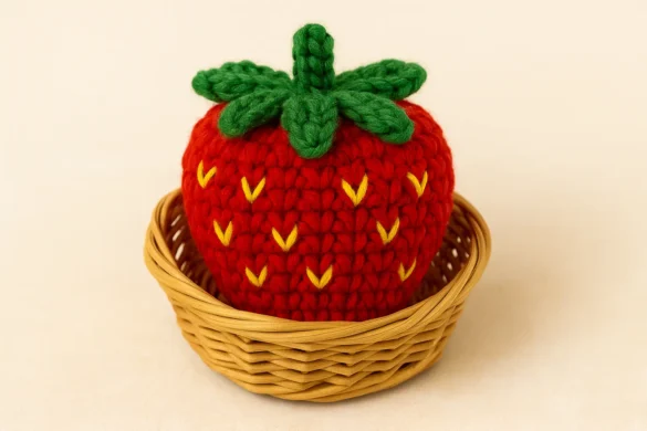 Close-up of a finished crochet strawberry on a neutral background for a free pattern tutorial.