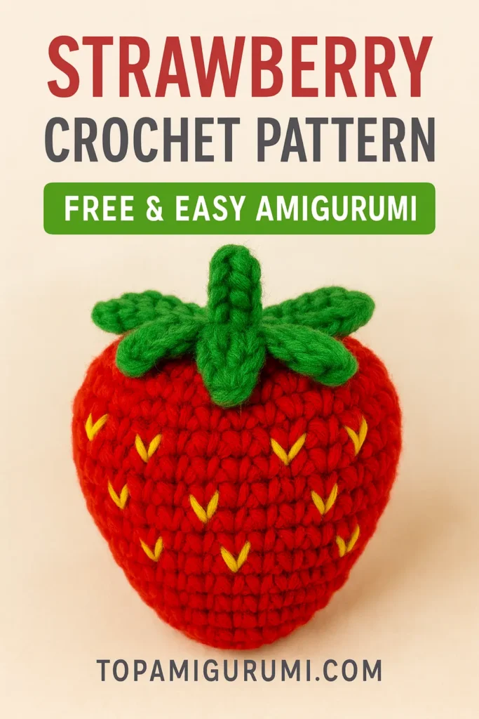 PDF cover featuring a handmade crochet strawberry with TopAmigurumi.com at the bottom.