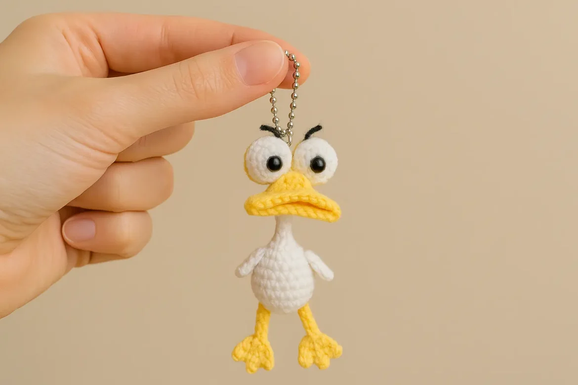 A finished Amigurumi Duck Pattern Free keychain held by a hand. All the crocheted