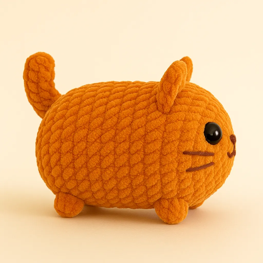 finished loaf cat crochet pattern plushie with orange velvet yarn and black eyes