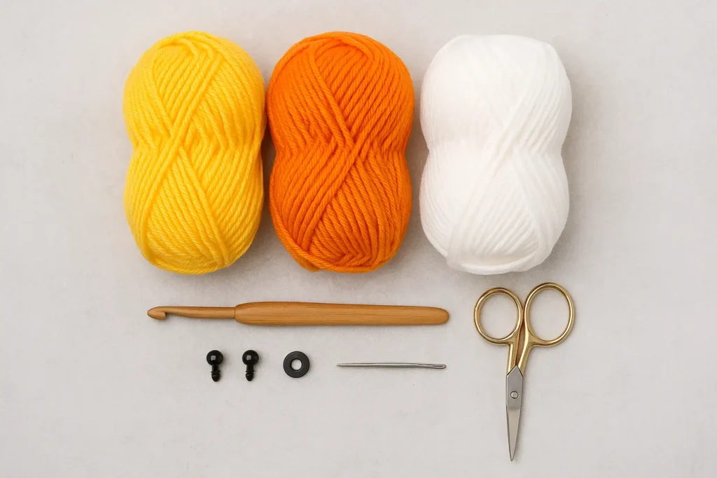 materials for crochet pattern for candy corn including yarn hook and stuffing