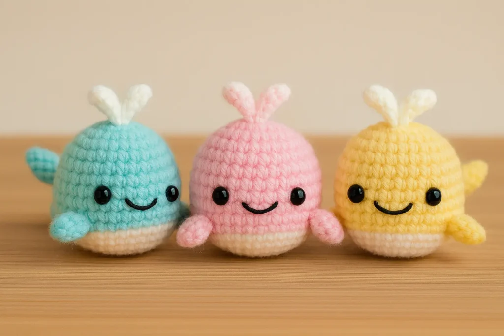 Mini whale crochet pattern in pastel colors – blue, pink, yellow