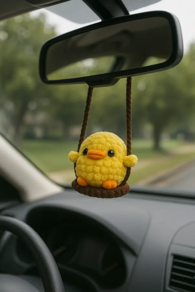 crochet duck amigurumi on swing car decoration
