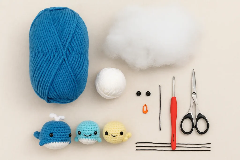 Free whale crochet pattern materials with yarn, hook, and stuffing