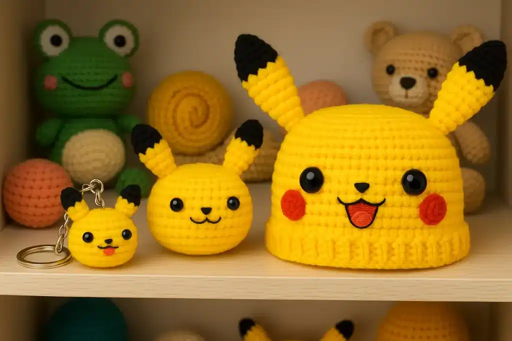 Crochet Pikachu plush, keychain, and hat variations