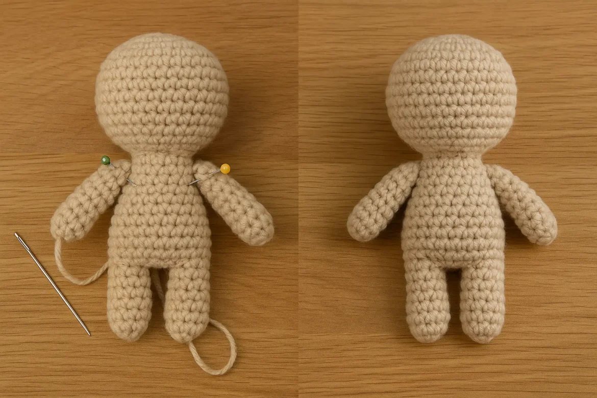 Marking and sewing arms to amigurumi bodies—cotton mattress stitch on left, plush yarn-through with pins on right.