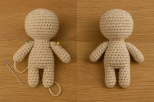How to Attach Amigurumi Limbs Evenly: Arms, Legs & Ears for Beginners Marking and sewing arms to amigurumi bodies—cotton mattress stitch on left, plush yarn-through with pins on right.