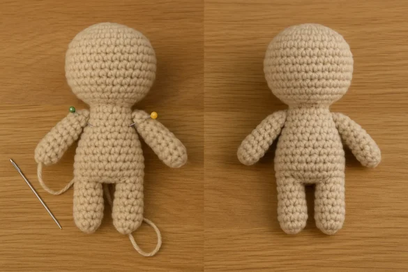 Marking and sewing arms to amigurumi bodies—cotton mattress stitch on left, plush yarn-through with pins on right.