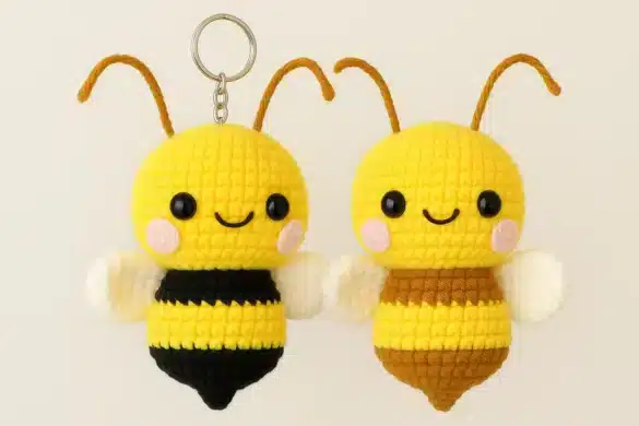 Crochet bee amigurumi pattern – black striped keychain bee and brown striped plush bee with wings, antennae, and cheeks