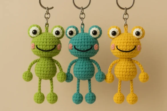 crochet frog keychain set green blue yellow plush