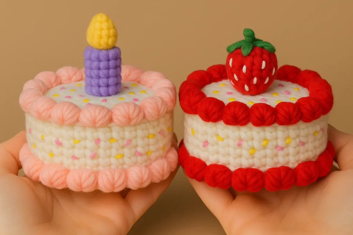 crochet mini cake amigurumi with candle and strawberry