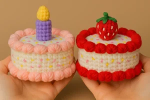 crochet mini cake amigurumi with candle and strawberry