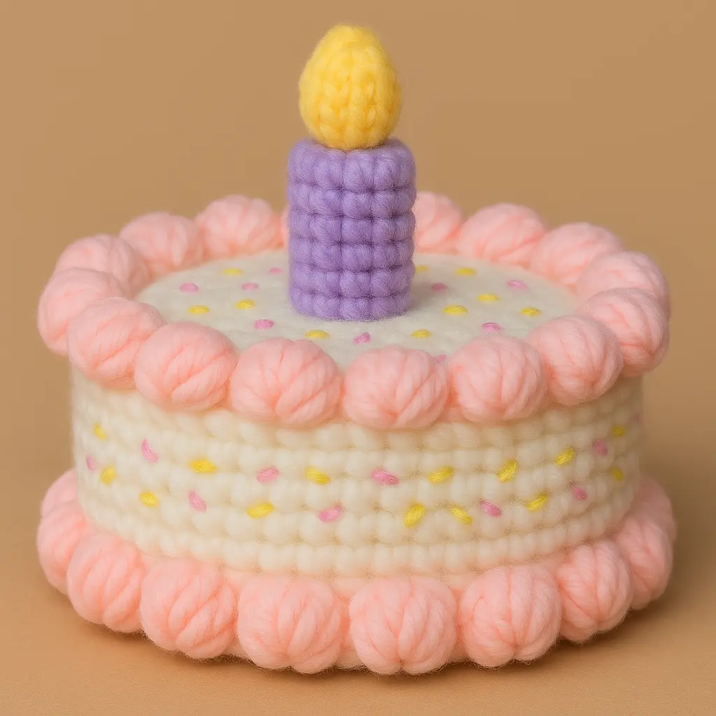 crochet mini cake amigurumi with candle topper