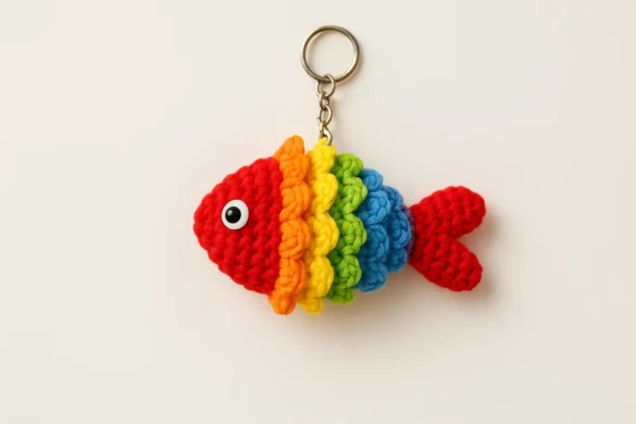 Lucky Rainbow Koi Fish keychain on a metal ring with rainbow shell scales across the body on a neutral background