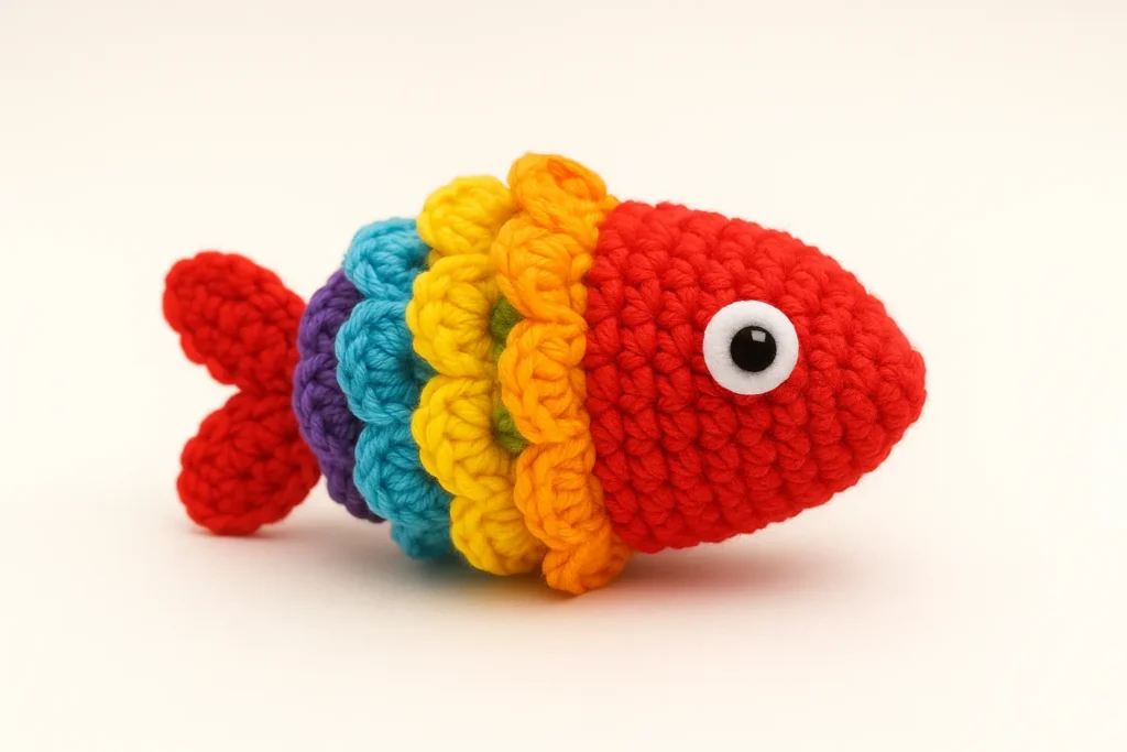 Lucky Rainbow Koi Fish crochet keychain with layered rainbow shell scales and red head and tail, side view