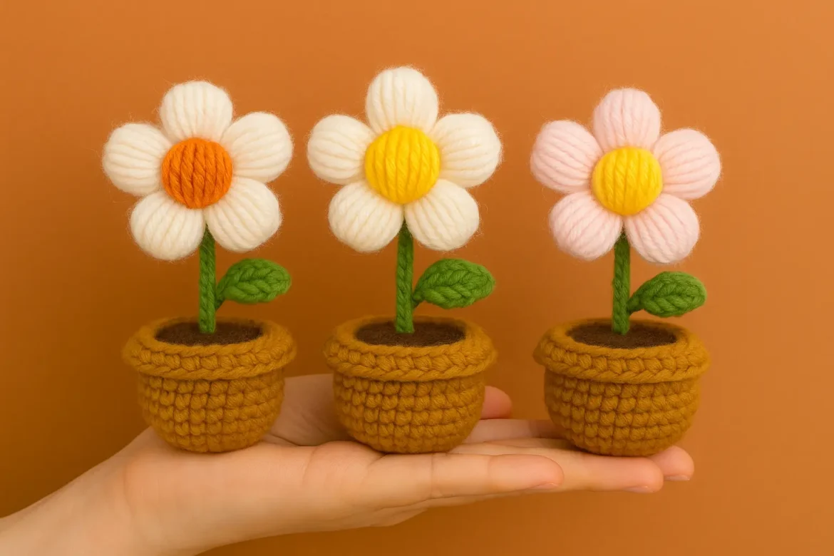 Mini potted puff flower crochet pattern – three tiny potted puff flowers in terracotta pots on a hand.