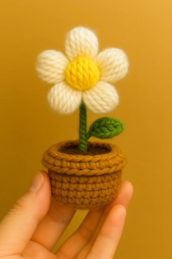 finished mini potted puff flower with puff petals and green leaf in a crochet pot