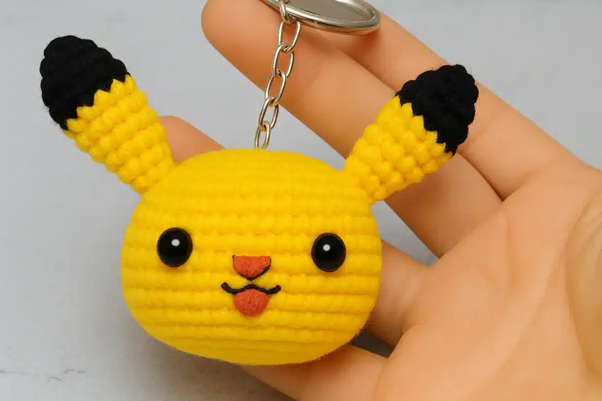 Finished Pikachu crochet keychain pattern free tutorial