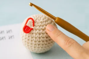 8 foolproof ways to count rounds in crochet (without getting lost) How to count rounds in crochet—stitch marker in first stitch and straight V-column highlighted on amigurumi sphere.