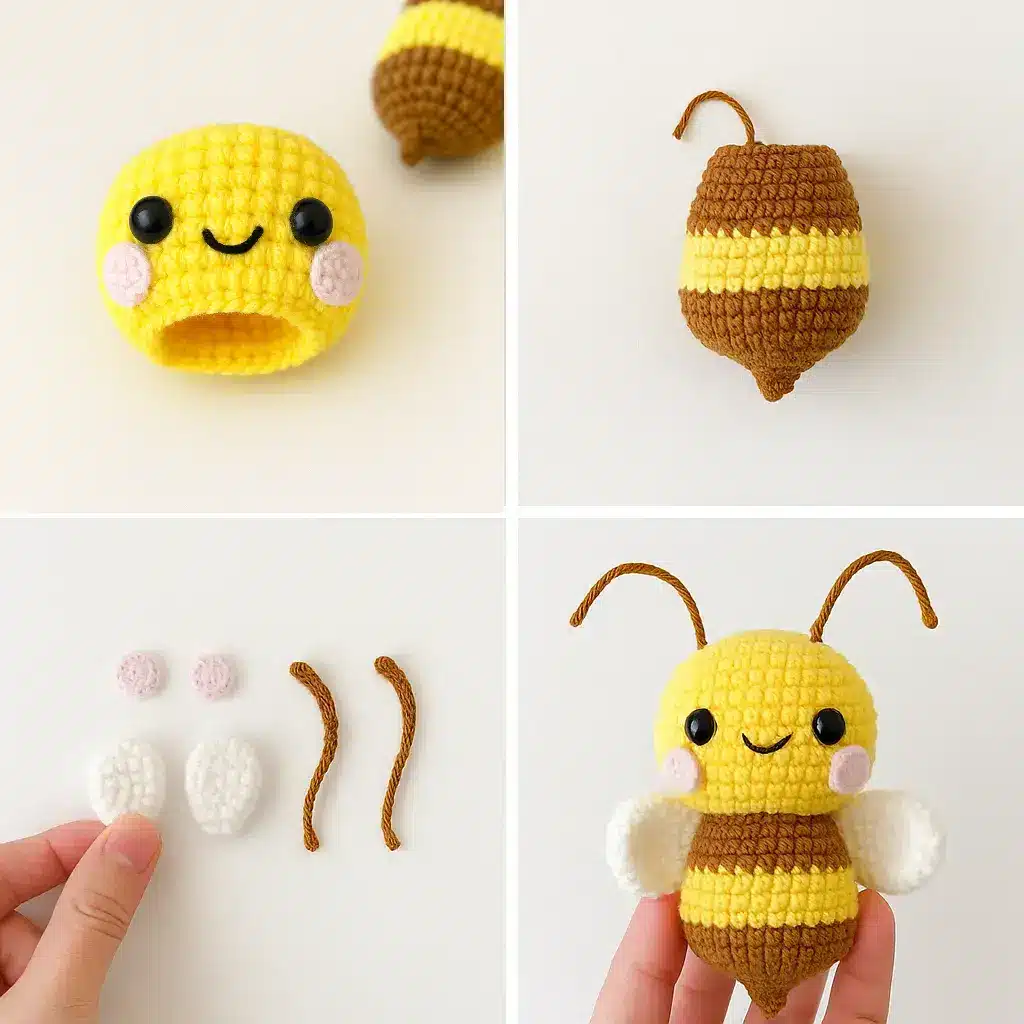 Step-by-step crochet bee pattern tutorial showing head, striped body, wings, cheeks, antennae, and final assembly.