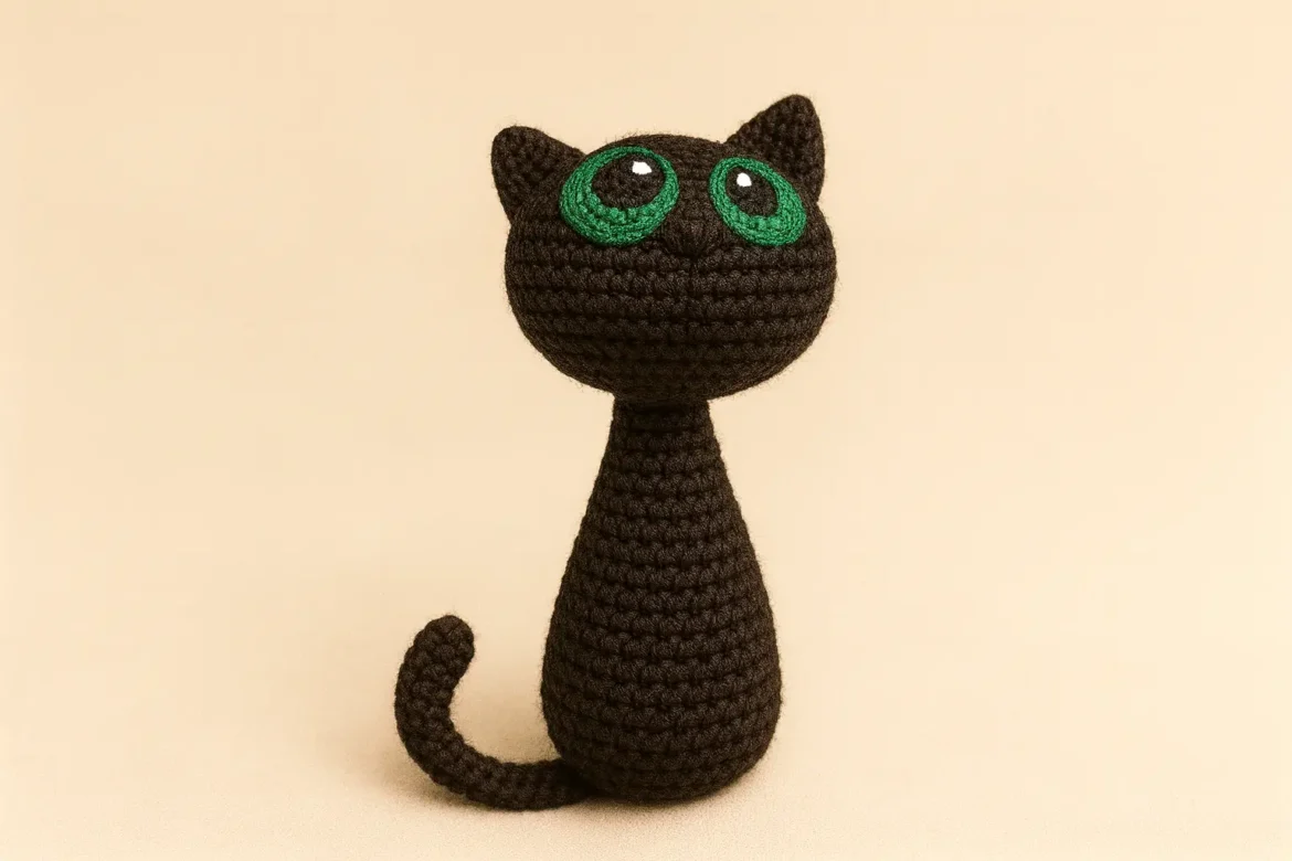 black cat crochet pattern for Halloween – free amigurumi plush with green eyes and curled tail