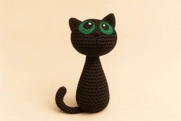 black cat crochet pattern for Halloween – free amigurumi plush with green eyes and curled tail