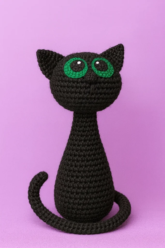 halloween black cat crochet pattern plush with big green eyes on purple background