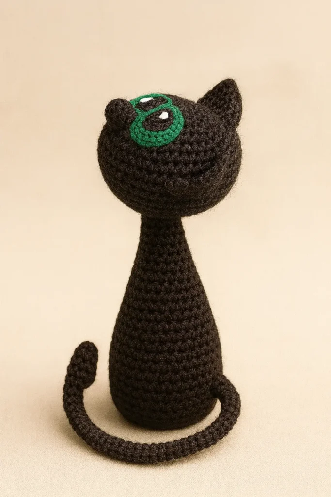 close-up of head showing green eyes and embroidered nose for black cat amigurumi crochet pattern