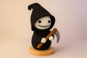 grim reaper crochet pattern plush with draped hood and curved scythe on wood base (side view), halloween amigurumi
