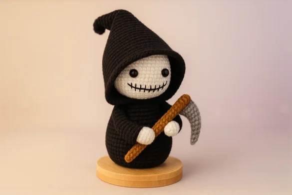 grim reaper crochet pattern plush with draped hood and curved scythe on wood base (side view), halloween amigurumi