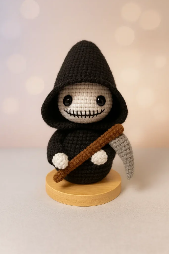 front view grim reaper crochet pattern with stitched mouth and safety eyes holding scythe on wooden stand