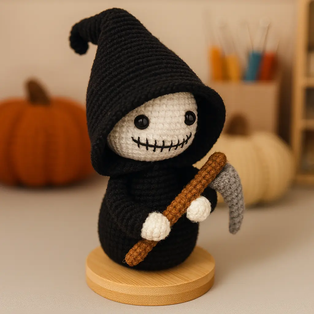 halloween grim reaper crochet pattern display with pumpkins in background, mini wood base