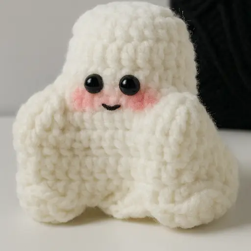 Peekaboo crochet ghost with front-joined hands and blush — crochet ghost pattern