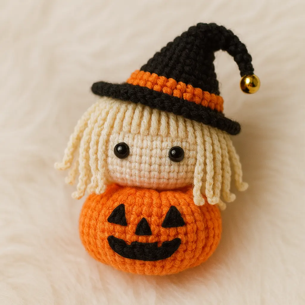 close-up pumpkin witch crochet amigurumi with black hat, orange band, and bell on white background