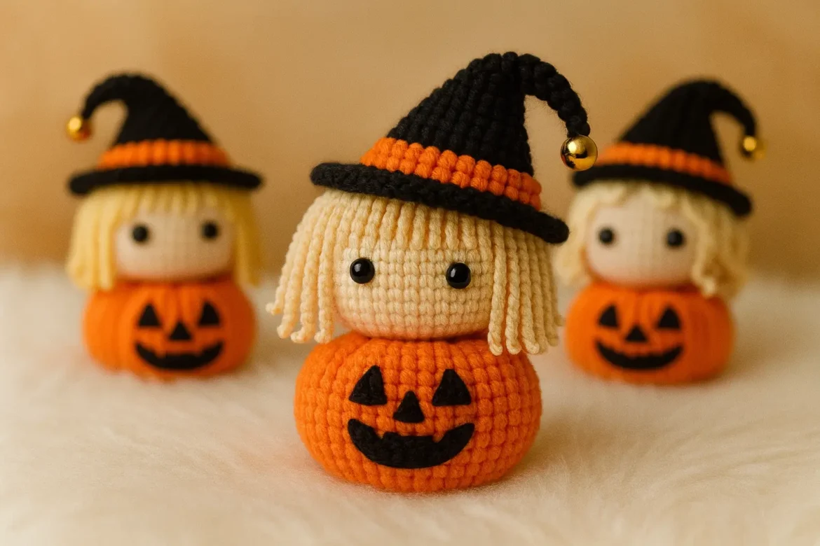 three pumpkin witch crochet amigurumi dolls wearing black hats and orange pumpkins on a wooden table for halloween decoration