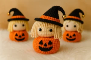 three pumpkin witch crochet amigurumi dolls wearing black hats and orange pumpkins on a wooden table for halloween decoration