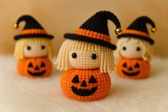 three pumpkin witch crochet amigurumi dolls wearing black hats and orange pumpkins on a wooden table for halloween decoration