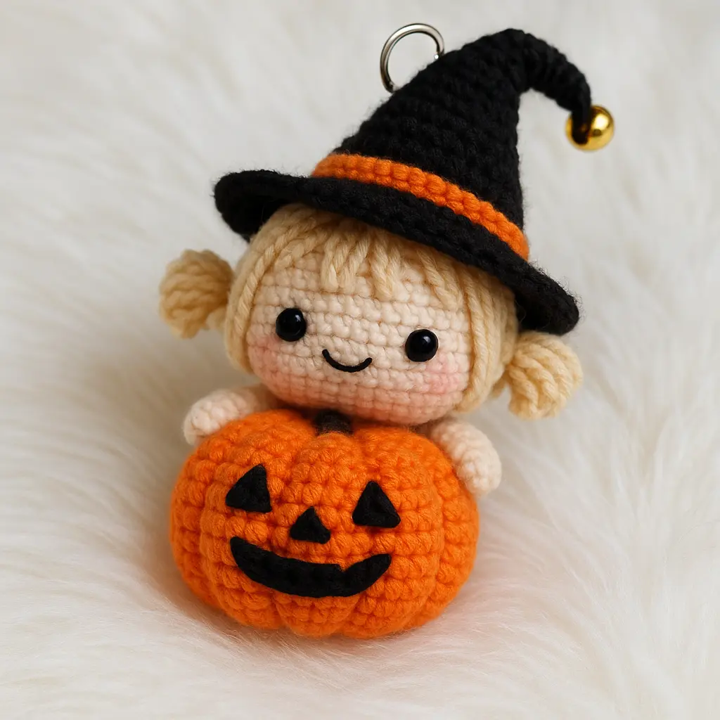 mini pumpkin witch keychain amigurumi with pigtails holding a jack-o’-lantern pumpkin