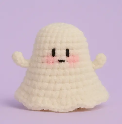 Bell crochet ghost with puff hands and scalloped hem — beginner amigurumi pattern