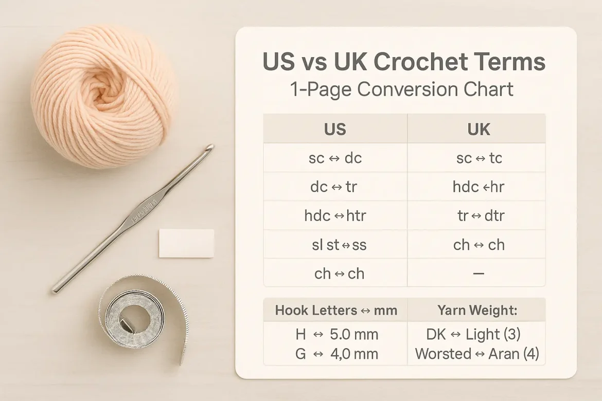 US vs UK crochet terms conversion chart with yarn ball, metal hook, and tape on desk; shows sc↔dc, dc↔tr, hook letters↔mm, yarn weights.