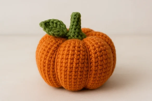 Ribbed crochet pumpkin with leaf and stem — free crochet pumpkin pattern in mini, medium, and large sizes.