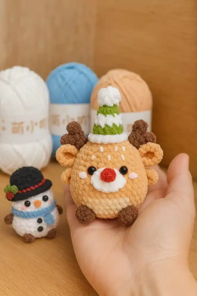 Little reindeer crochet pattern with snowman and yarn