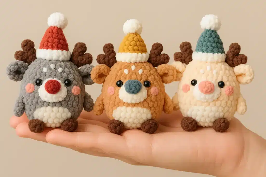 Color variations of plush reindeer amigurumi with hats