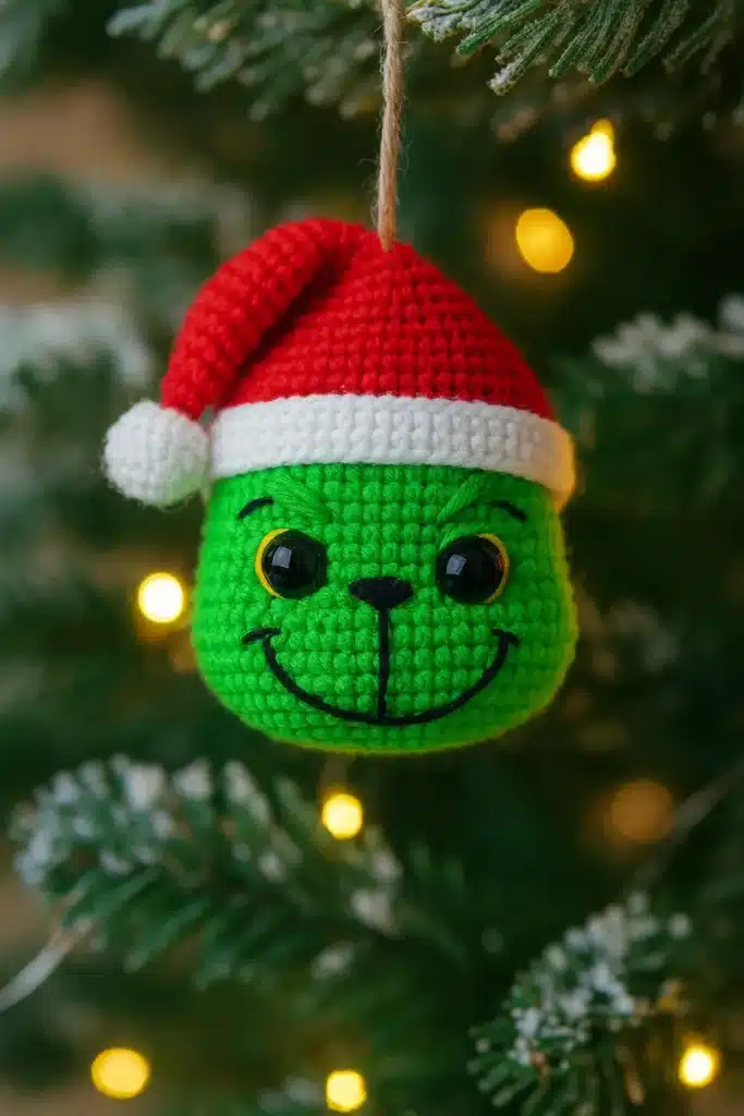 free Grinch crochet pattern ornament on Christmas tree
