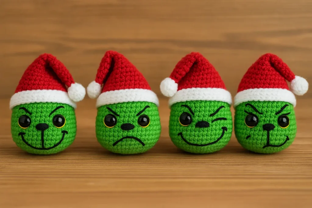free Grinch crochet pattern with four Grinch heads and different expressions