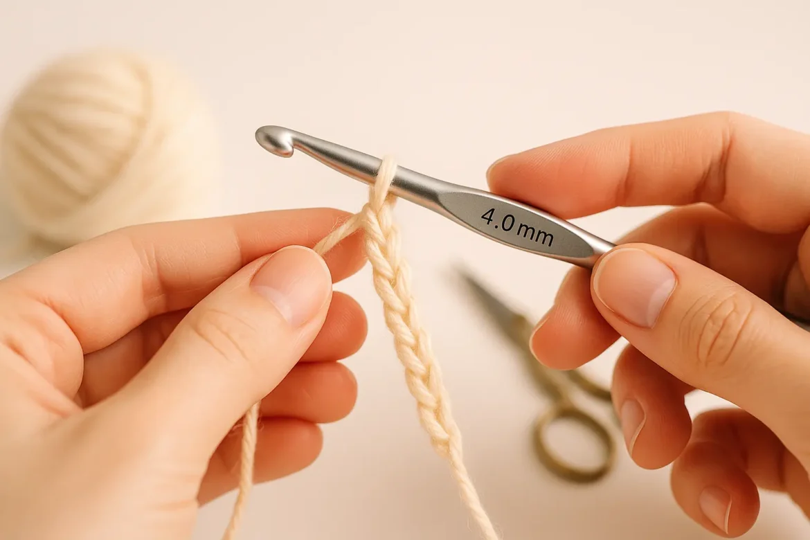 Hands crocheting a chain stitch with cream yarn and a 4.0 mm crochet hook