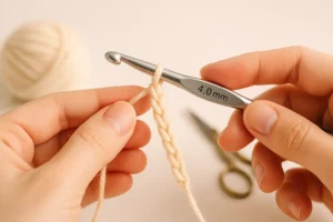 Hands crocheting a chain stitch with cream yarn and a 4.0 mm crochet hook