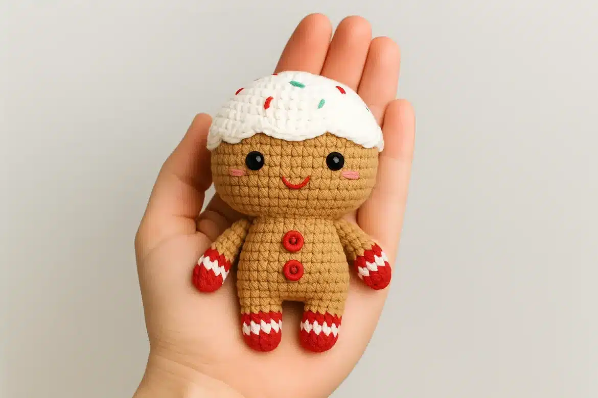 Gingerbread Cutie amigurumi from a free crochet gingerbread man pattern held in a hand