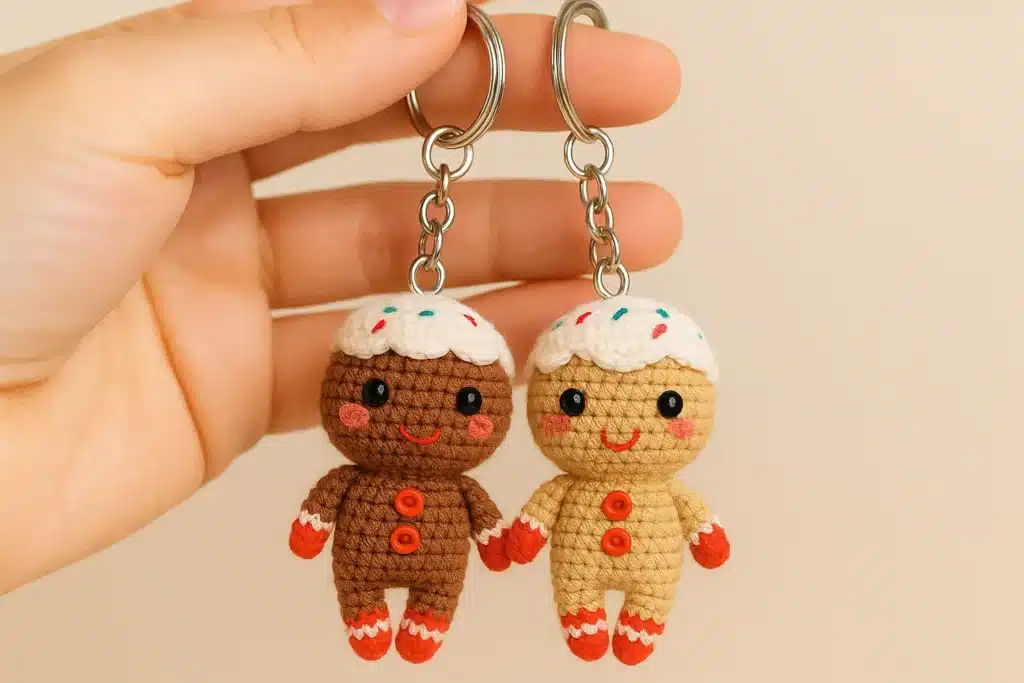 Mini gingerbread man keychains made with the Gingerbread Cutie free crochet pattern