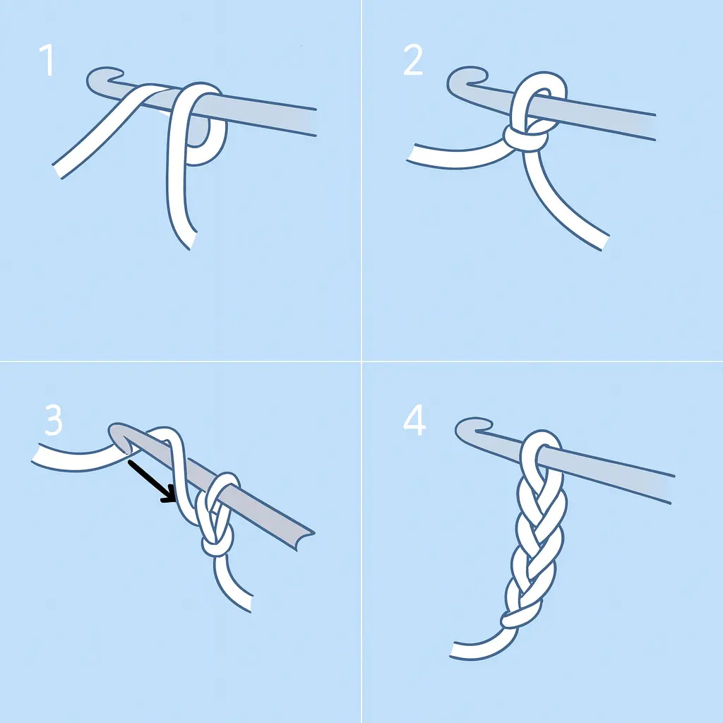 How to crochet a chain stitch step by step – four diagram panels showing hook and yarn